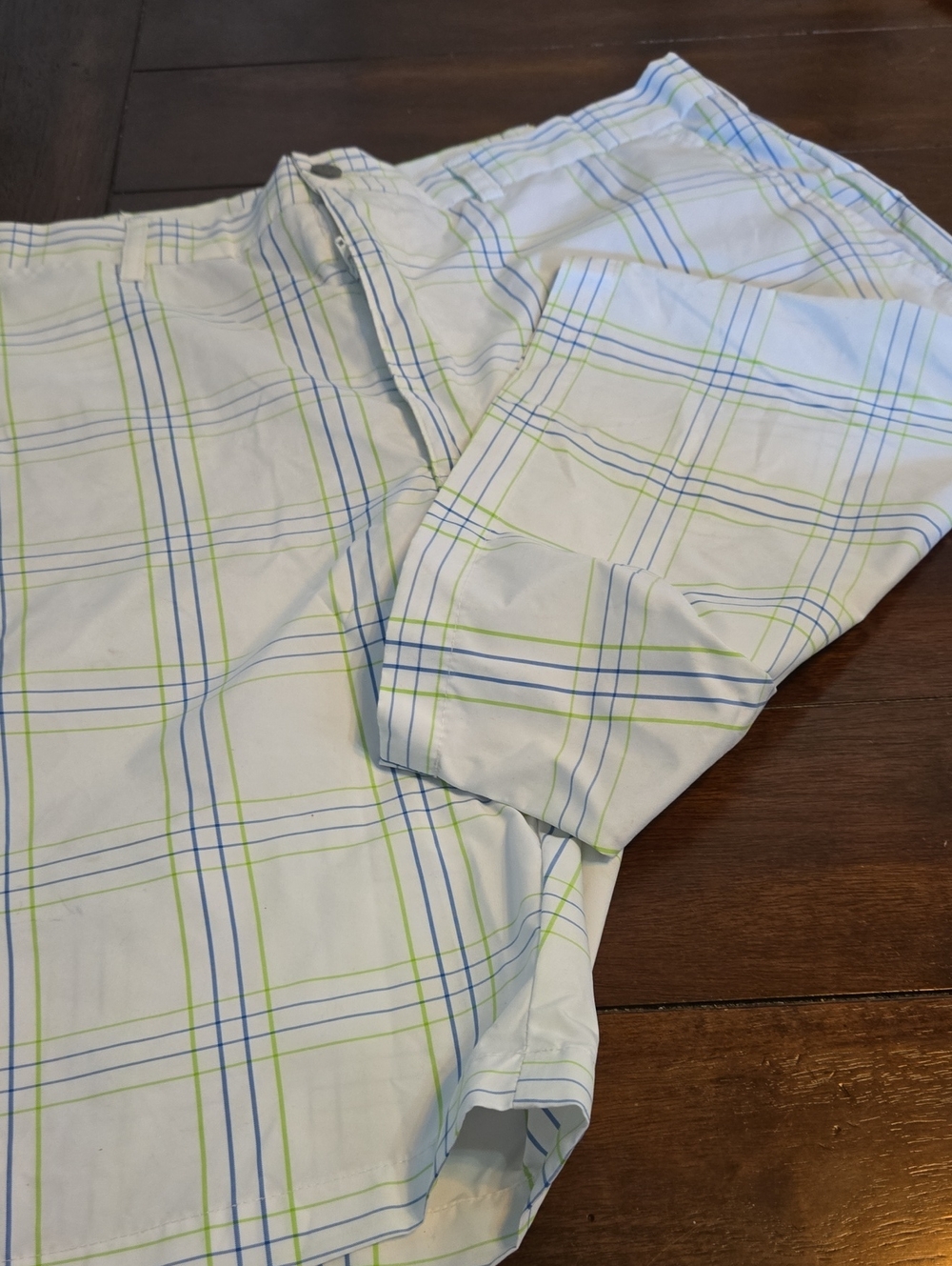 Men's White Plaid Chinos with Blue & Green Stripe